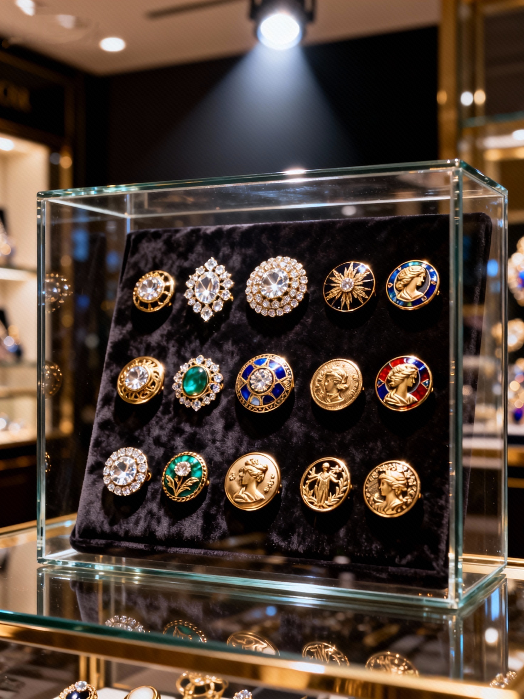jimeng-2025-12-06-7989-时尚摄影风格，奢华的金属纽扣展示场景，一个透明的玻璃展示盒中陈列着各种高端金属纽....jpg
