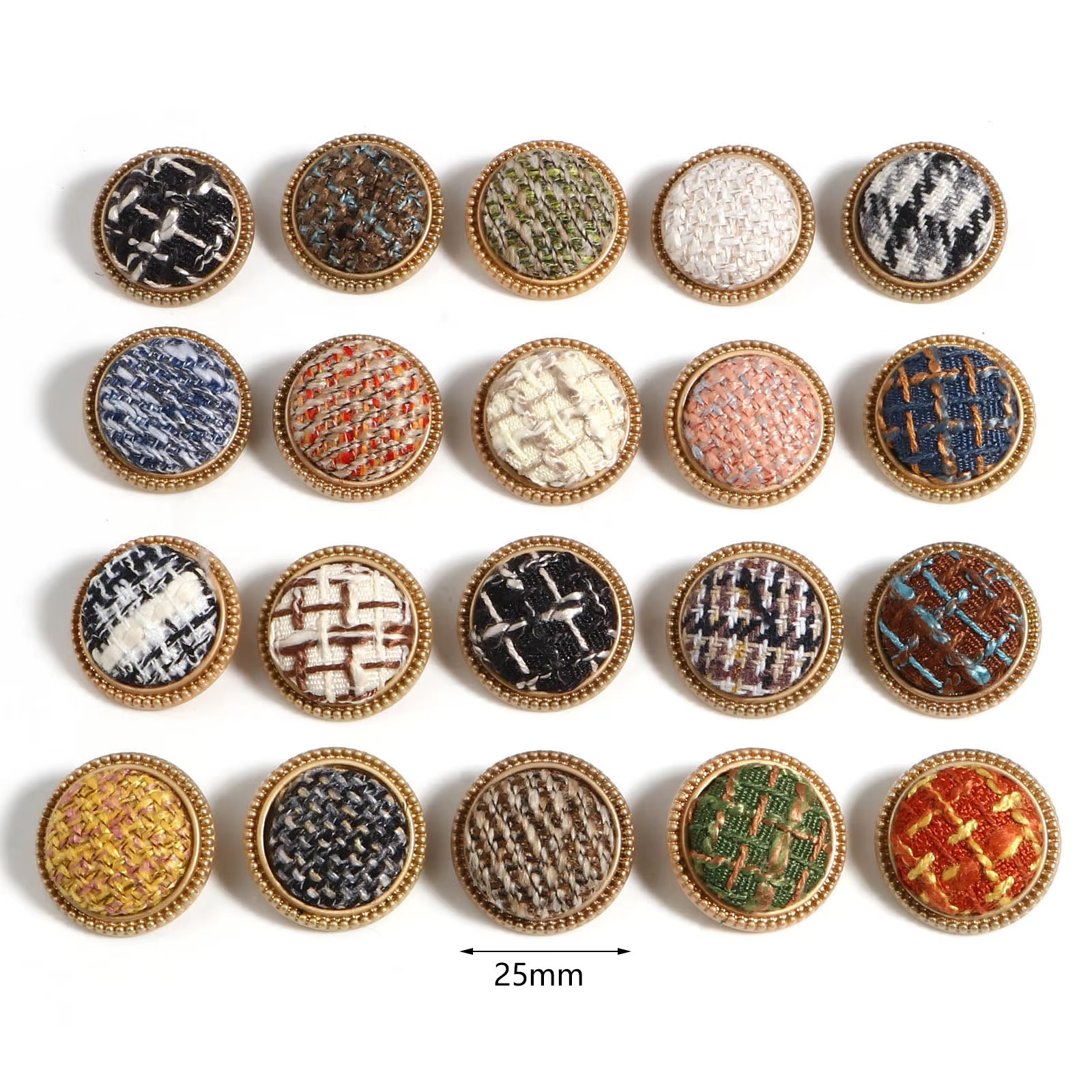 Metal Gold Buttons Tweed Plaid Fabric Covered Round Shank Buttons -4.jpg