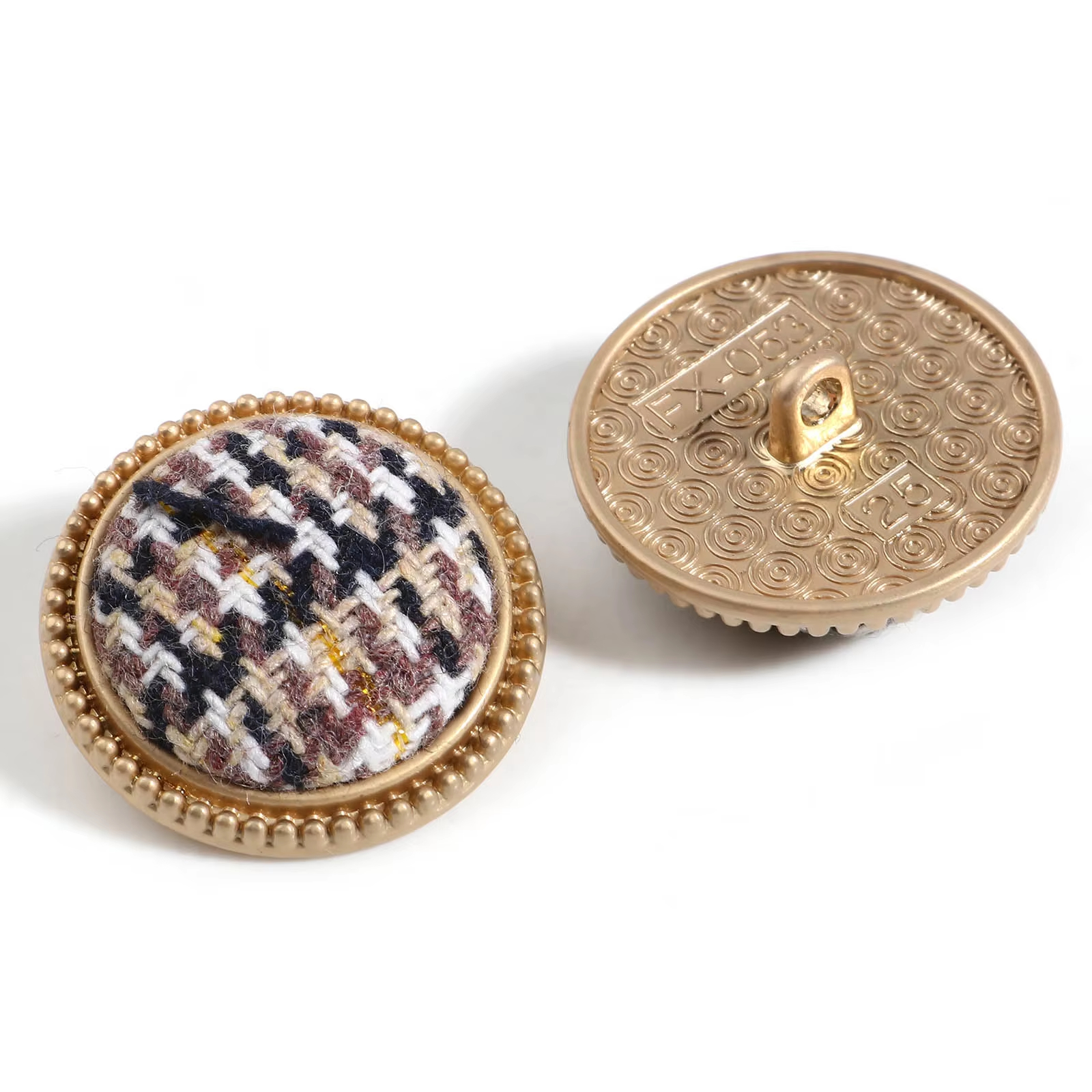 Metal Gold Buttons Tweed Plaid Fabric Covered Round Shank Buttons -3.jpg